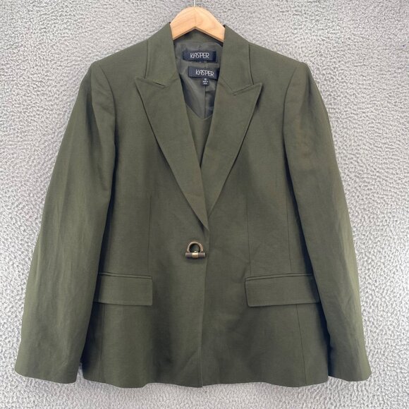 Kasper Blazer Set Womens 16 Green Linen Blend Peak Lapel 2 Piece Office Career - Picture 1 of 16
